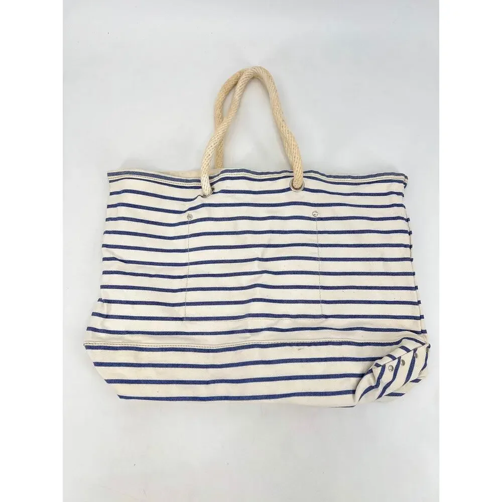 J. Crew Nautical Stripe Tote Bag with Rope Handles Cream‎ and Blue Cotton Canvas